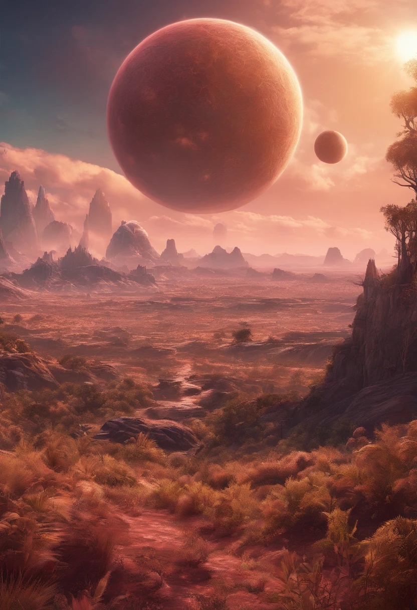 Strange alien landscape, Twin Suns, Atmospheric Color, fields, Background tree々, Dense foliage, animal, picturesque, photograph, synthwave