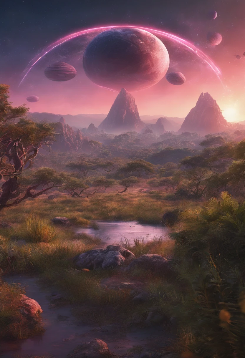 Strange alien landscape, Twin Suns, Atmospheric Color, fields, Background tree々, Dense foliage, animal, picturesque, photograph, synthwave
