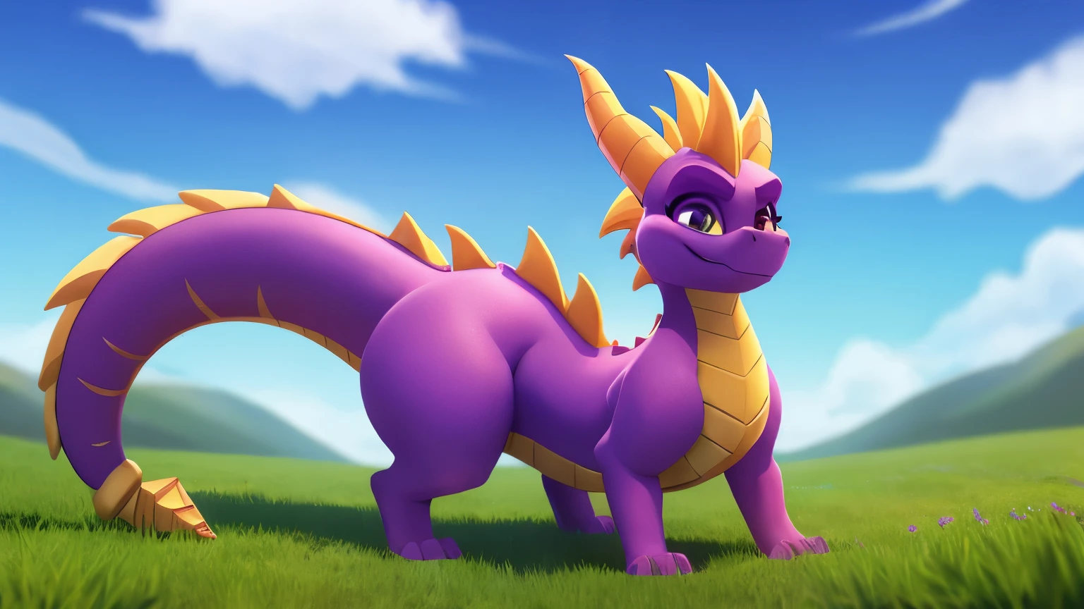 Spyro, Feral, ((thick tail bottom)), female, wide hips, Best quality, macro