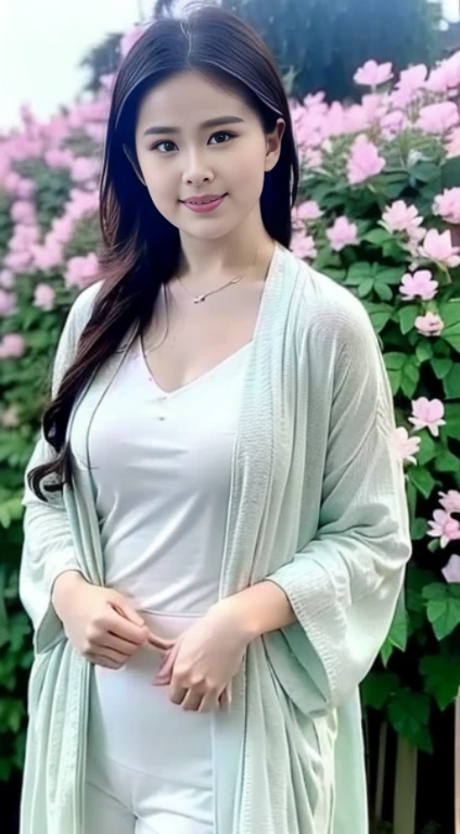 Fashion model 20 years old [[[[Close-up cleavage]]]], [[[[breast]]]], Big breasts[[[[Cole]]]], [[[[bShoulder]]]], Perfect eyes, Perfect iris，Perfect lips，Perfect Teeth，Perfect skin，long face，Soft headlight，HD girl,Pink clothes，Green leaves and flowers in the background，（Pastel colors：1.2）