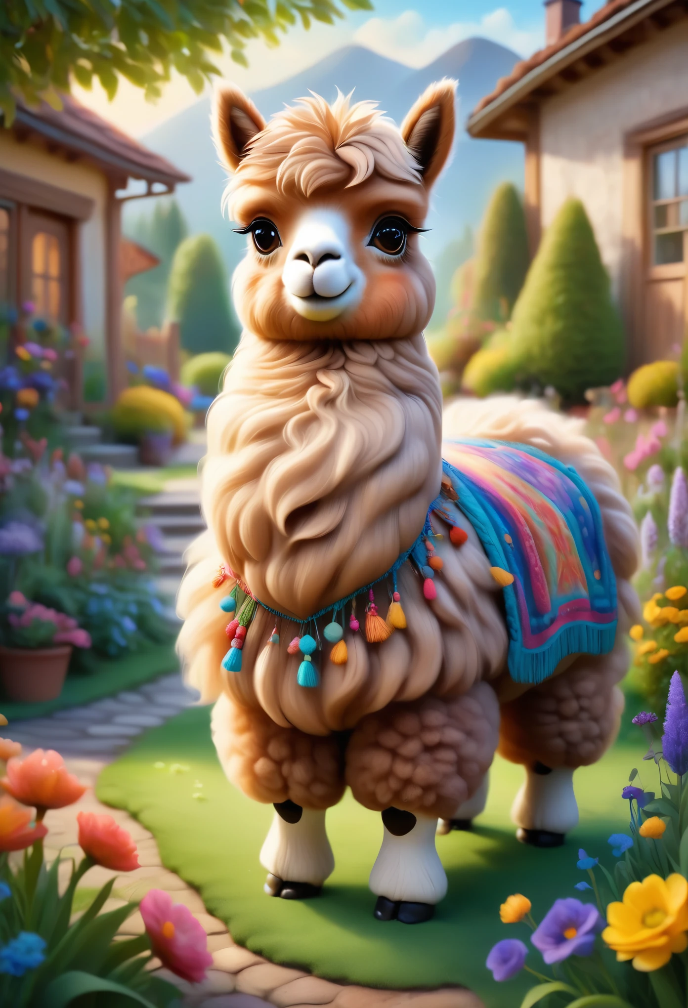 painting style, vibrant colors, dreamy atmosphere, layered composition, intricate details, cozy village background,(a brown alpaca, alpaca plush toy, elderly alpaca, anthropomorphized alpaca, fluffy,solo， big eyes,best quality,ultra-detailed,photorealistic), soft texture, cozy atmosphere, peaceful garden backdrop, vibrant colors, warm lighting