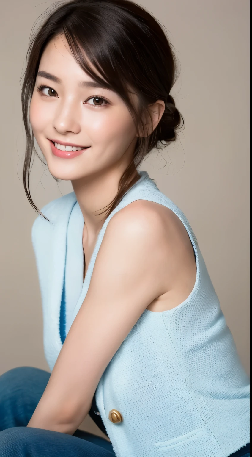 ((Best image quality, 8k, masterpiece:1.3)), One girl, beautiful woman with slim abs:1.3, (Casual Hairstyles, :1.2), Low Cut Vest，Ultra-fine face, Detailed eyes, double eyelid，smile。Take a photo with a cute pose，Very bad shape，Small waist，Super big ，close，close chest，White skin，Beautiful background