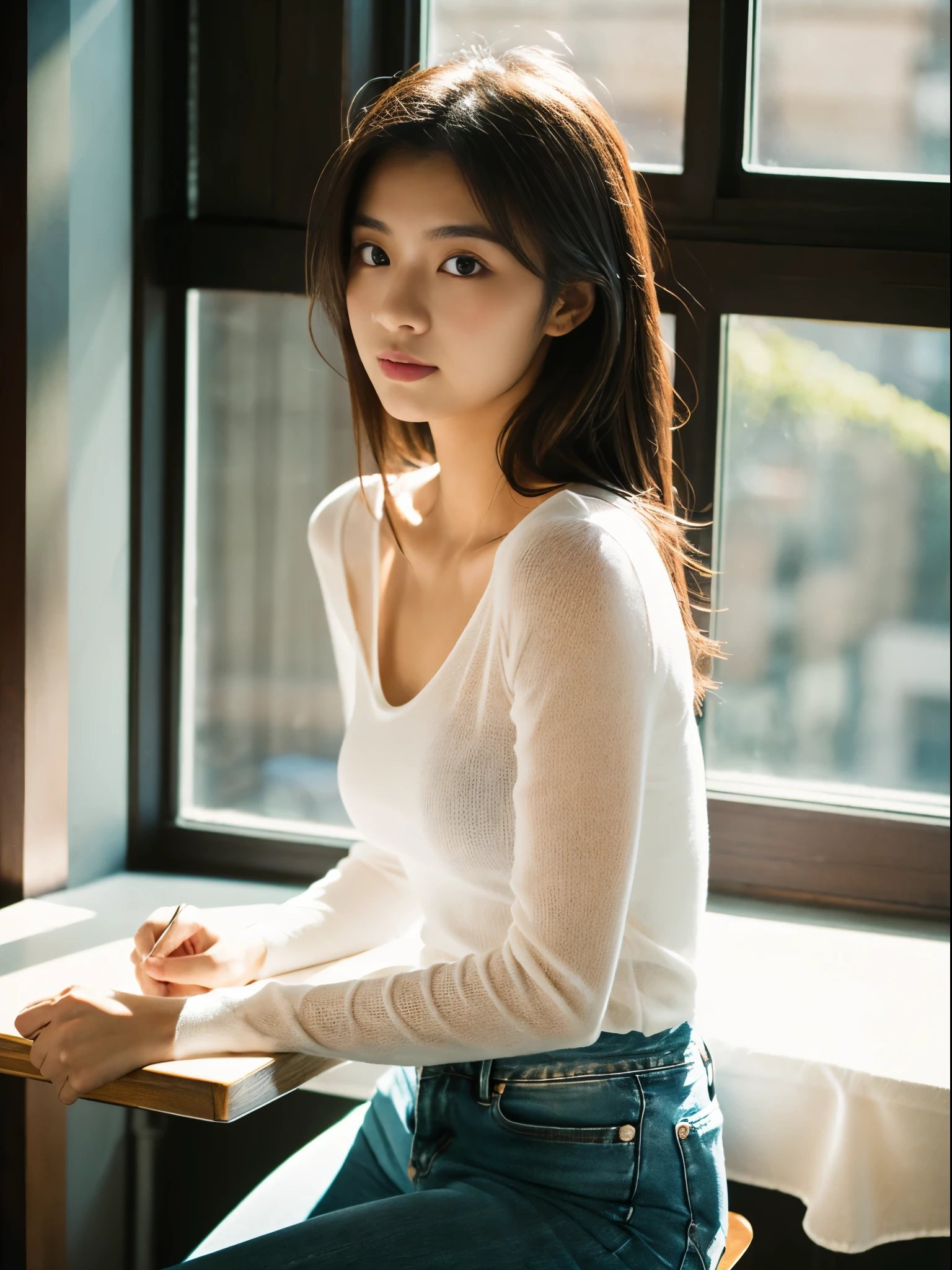 Photo of a 21 year old Japanese woman sitting at a table with sunlight shining through a window,brown hair, Dynamic pose, Skin Texture, Pale skin, Shiny skin, (slim, small:1.2), [:(Sharp focus on the face, Detailed face, Perfect Eyes, View your viewers:1.2):0.2], Realistic, Film Grain, Looking at the camera、highest quality, Tabletop、White sheer V-neck sweater、denim skinny pants