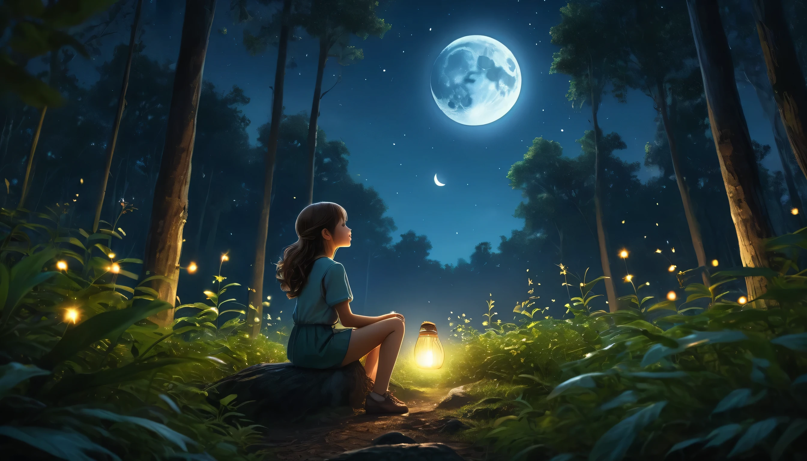 A girl is sitting in the forest, all around are plants and fireflies, only the moon is shining in the sky. image quality 8k Ultra HD
