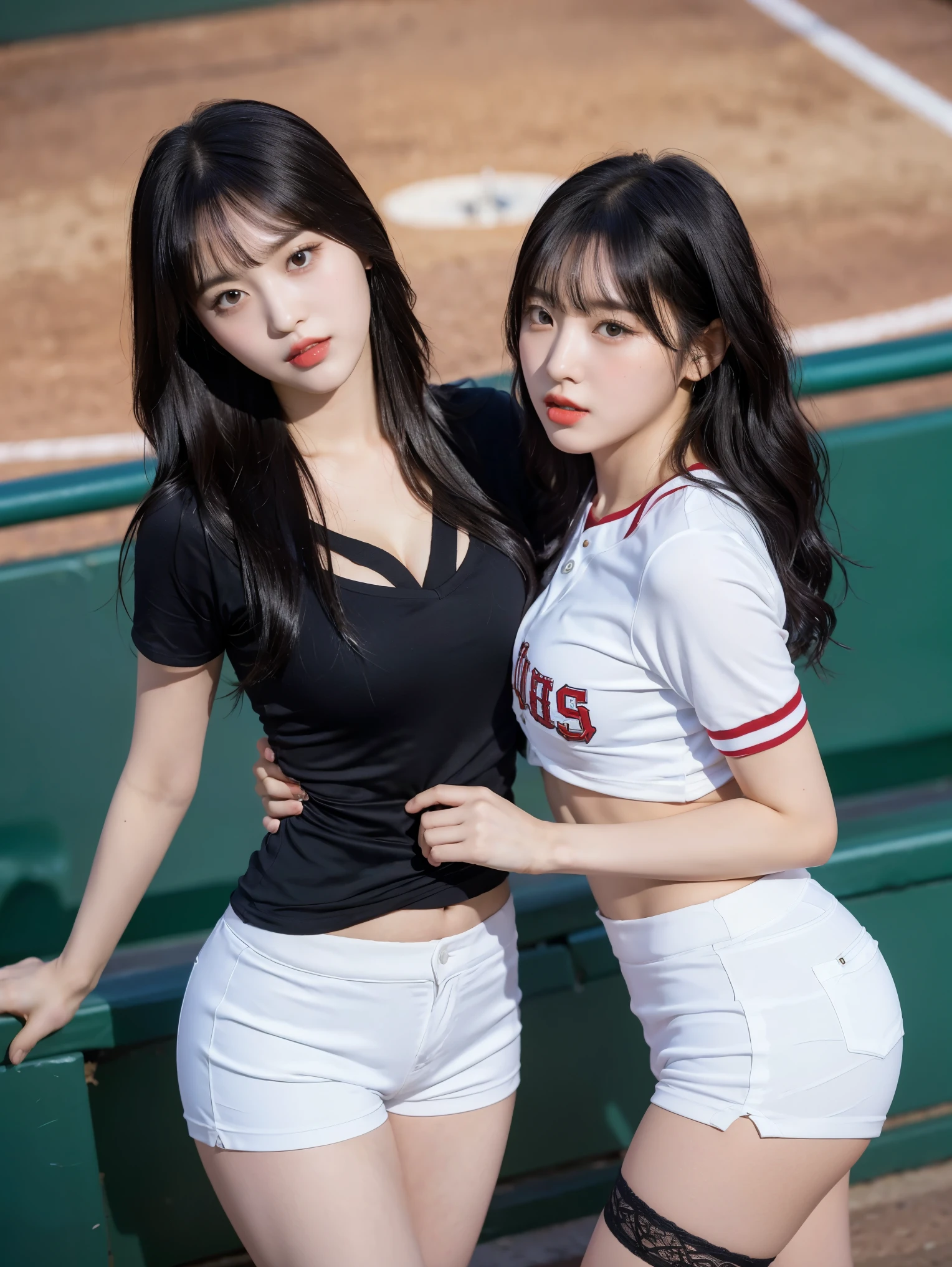 8K), (highest quality: 1.2), (Realistic), (Realistic: 1.37), Ultra-high resolution, (2 girls),(straight black hair), Giant Dulcefo,(White very small hot pants:1.2),In the stands of a baseball stadium, whole body,Long legs,Beautiful feet,(Super small ass),Belly button,(Red baseball team shirt),(whole bodyが雨に濡れて:1.2),Black Stockings,Cute like a super idol,Close up on face from above,Cleavage