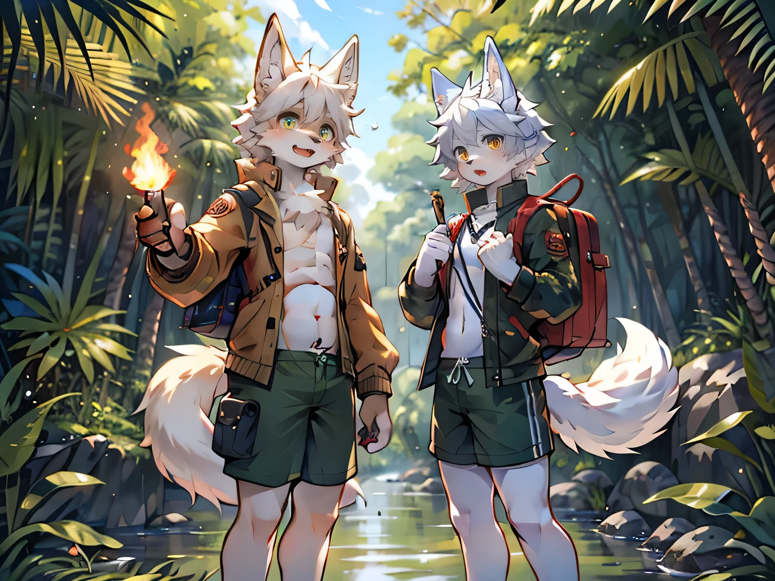White wolf boy in adventure，Older brother and younger brother，Smooth belly，Orange pupils，excited，Rainforest，creek，Grass，Shade，dark，Fruit，sandals，White stockings，Army green shorts and jacket，saber，Backpack，torch，Two wolf boys adventure side by side，
