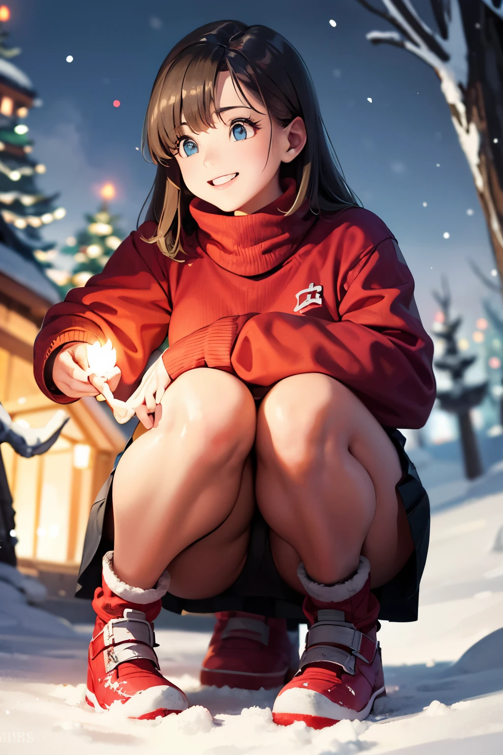 From the front, from below, look here, hundreds of candles are lit in a snow cave in a snowy country, sweater and skirt, fantastic, masterpiece, night, cute girl smiling, squatting