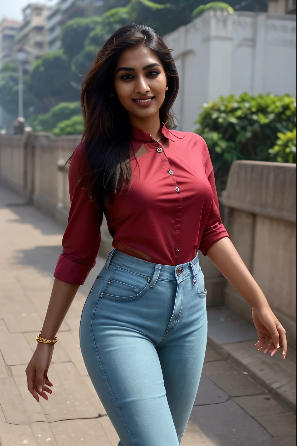 Introducing Ayesha, a striking Indian model who exudes confidence and elegance. With her flowing hair and captivating smile, Ayesha commands attention whether she's strutting down the runway or posing for a photoshoot. Renowned for her grace in modeling full jeans and a vibrant red shirt, she effortlessly breaks boundaries with her fashion choices. From the chic urban streets to the picturesque setting of Mumbai's Marine Drive sea, Ayesha's versatility knows no bounds, inspiring others to embrace their individual style with confidence.