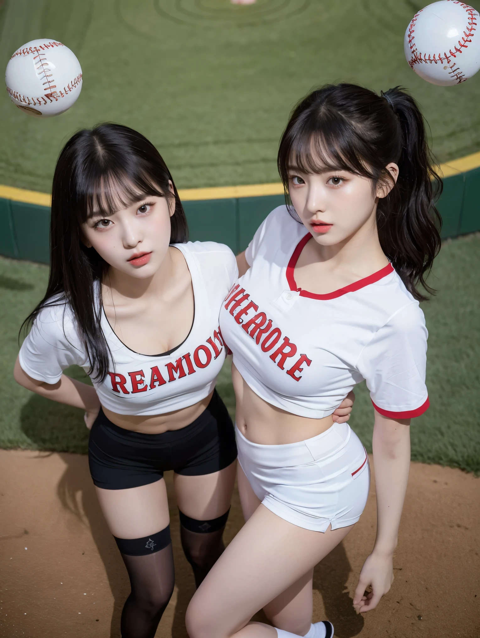 8K), (highest quality: 1.2), (Realistic), (Realistic: 1.37), Ultra-high resolution, (2 girls),(straight black hair), Giant Dulcefo,(White very small hot pants:1.2),baseball Ground, whole body,Long legs,Beautiful feet,(Super small ass),ponytail,Belly button,(Red baseball team shirt:1.2),(whole bodyが雨に濡れて:1.2),Black Stockings,Cute like a super idol,Close up on face from above,A little cleavage