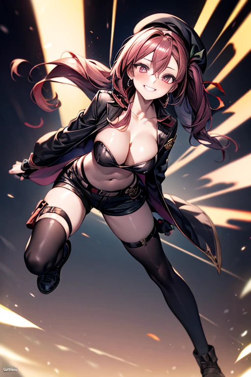 ubel,((ubel of Frieren of Beyond Journey's End )),dark green hair,long hair,side ponytail,hair between eyes,bangs, BREAK (beret, black jacket, open clothes, cleavage, midriff, black shorts, black thighhighs, thigh strap, fingerless gloves, single glove:1.2) , (dynamic angle:1.3, front view:1.1, breast focus:1.3, from below:1.2), (dynamic posing:1.5, sexy posing:1.2, leaning forward), (seductive smiling:1.3),(*K) HD, highest quality, WorKs of masters, High resolution, spread legs, panties shot,1 girl, small nose,(with sparkling eyes and a contagious smile), very beautiful detailed face and eyes, bright colors, cute face, delicate beautiful face, Bright magenta eyes, cute eyes, sparkling eyes, Big eyes, (big breasts:1.3), (perky chest:1.1), (pointed chest:1.0), medium hips, glamorous body, white skin, smile, thin pubric hair, shiny hair, super beautiful face, Super beautiful eyes, Super beautiful hair,trendy outfit,sexy and attractive,explosion of colors,big hairpin,full body esbian,illegal occupation, Real World, Natural light,perfect Natural light,looking at viewer,