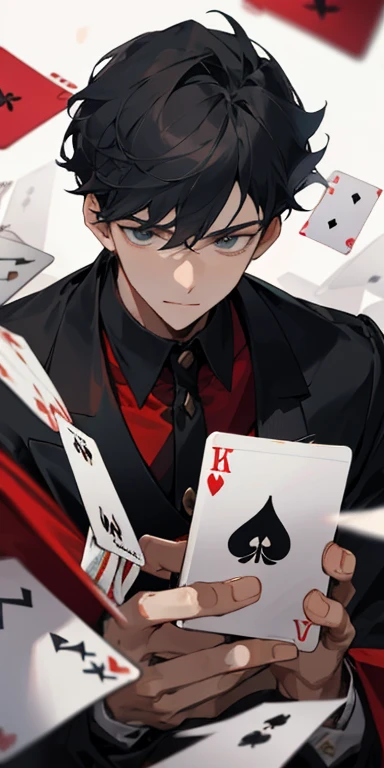 1 boy,handsome,black short hair, conjunctivitis, Side parted hairstyle, vampire, handsome, Elegant and charming magician,ruby eyes,short blonde hair,Emitting a bright light,Behind there were countless skeletons.,Scatter the cards down.,Anime,handsome,look good, stand, nighttime, Close-up photo,Ultra details, HD ulta