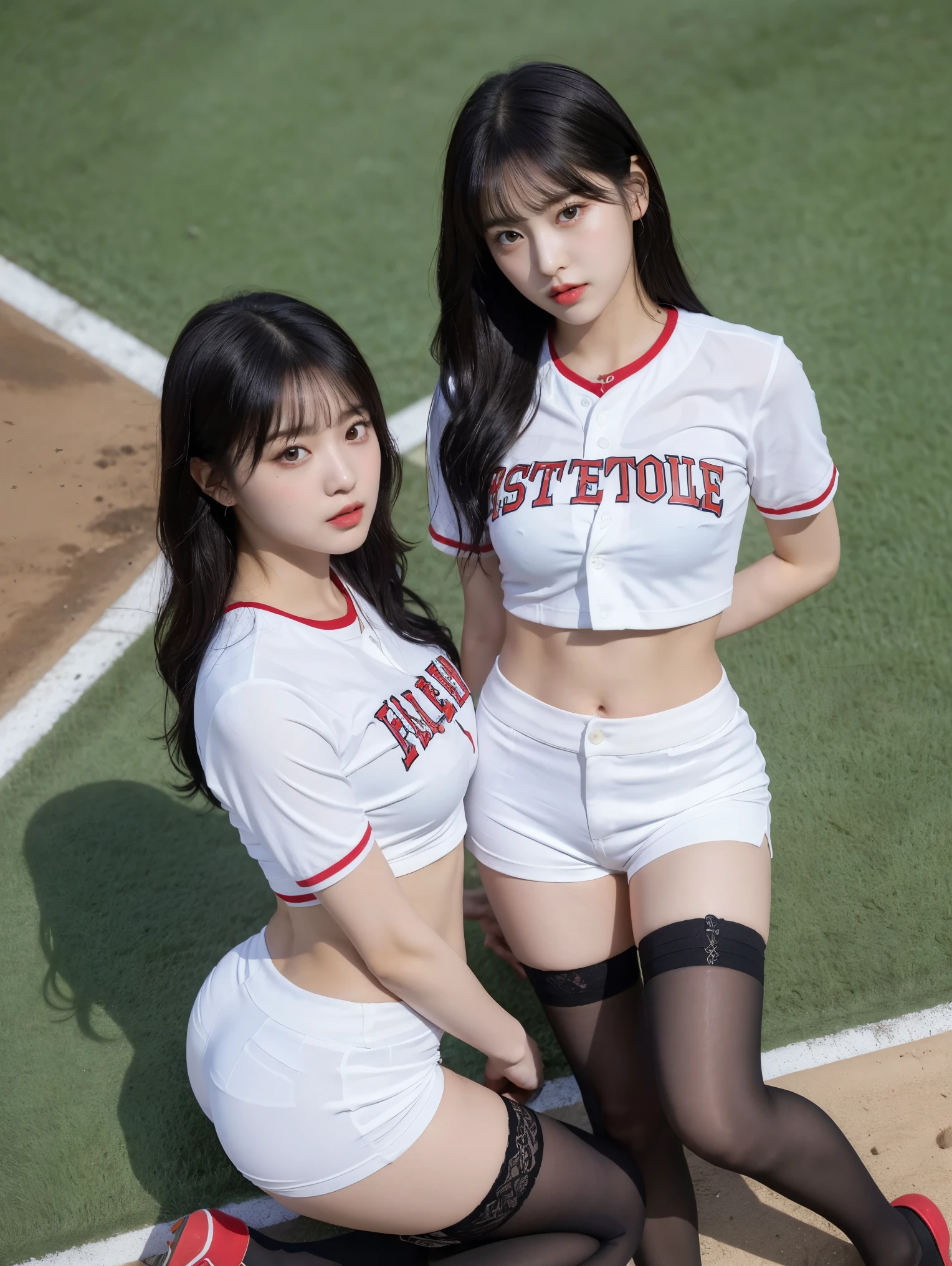 8K), (highest quality: 1.2), (Realistic), (Realistic: 1.37), Ultra-high resolution, (2 girls),(straight black hair), Giant Dulcefo,(White very small hot pants:1.2),baseball Ground, whole body,Long legs,Beautiful feet,(Super small ass),Belly button,(Red baseball team shirt:１.2),(whole bodyが雨に濡れて:1.2),Black Stockings,Cute like a super idol,Close up on face from above,A little cleavage