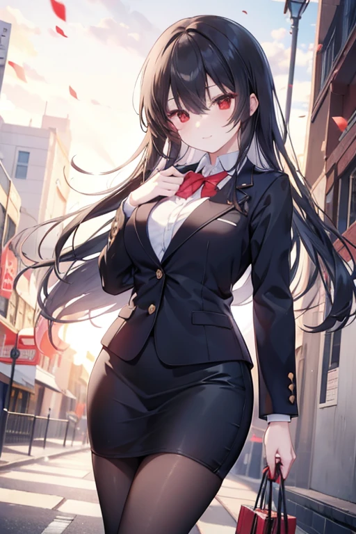 Commercial purposes, utaha kasumigaoka, black hair, White Hair Band, long hair, (red eyes:1.5),blush,happy smile, smile, open your mouth,skirt,OL, red glasses, end, black suit jacket, collared jacket, white dress shirt, collared shirt, neckline, button, strap, ID card on neck, Black pencil skirt, black pantyhose,stiletto heels,morning,morning yang,the sun is rising,
break looking at viewer,whole body,(cowboy shot:1. 5)
break outdoors, building street,In town,
break (masterpiece:1.2), highest quality, High resolution, unity 8k wallpaper, (shape:0.8), (fine and beautiful eyes:1.6), highly detailed face, perfect lighting, Very detailed CG, (perfect hands, perfect anatomy),