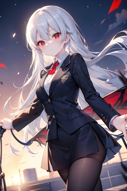 Commercial purposes, utaha kasumigaoka, black hair, White Hair Band, long hair, (red eyes:1.5),blush,happy smile, smile, open your mouth,skirt,OL, red glasses, end, black suit jacket, collared jacket, white dress shirt, collared shirt, neckline, button, strap, ID card on neck, Black pencil skirt, black pantyhose,stiletto heels,morning,morning yang,the sun is rising,
break looking at viewer,whole body,(cowboy shot:1. 5)
break outdoors, building street,In town,
break (masterpiece:1.2), highest quality, High resolution, unity 8k wallpaper, (shape:0.8), (fine and beautiful eyes:1.6), highly detailed face, perfect lighting, Very detailed CG, (perfect hands, perfect anatomy),