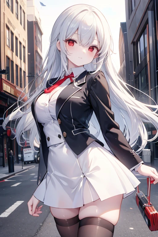 Commercial purposes, utaha kasumigaoka, black hair, White Hair Band, long hair, (red eyes:1.5),blush,happy smile, smile, open your mouth,skirt,OL, red glasses, end, black suit jacket, collared jacket, white dress shirt, collared shirt, neckline, button, strap, ID card on neck, Black pencil skirt, black pantyhose,stiletto heels,morning,morning yang,the sun is rising,
break looking at viewer,whole body,(cowboy shot:1. 5)
break outdoors, building street,In town,
break (masterpiece:1.2), highest quality, High resolution, unity 8k wallpaper, (shape:0.8), (fine and beautiful eyes:1.6), highly detailed face, perfect lighting, Very detailed CG, (perfect hands, perfect anatomy),