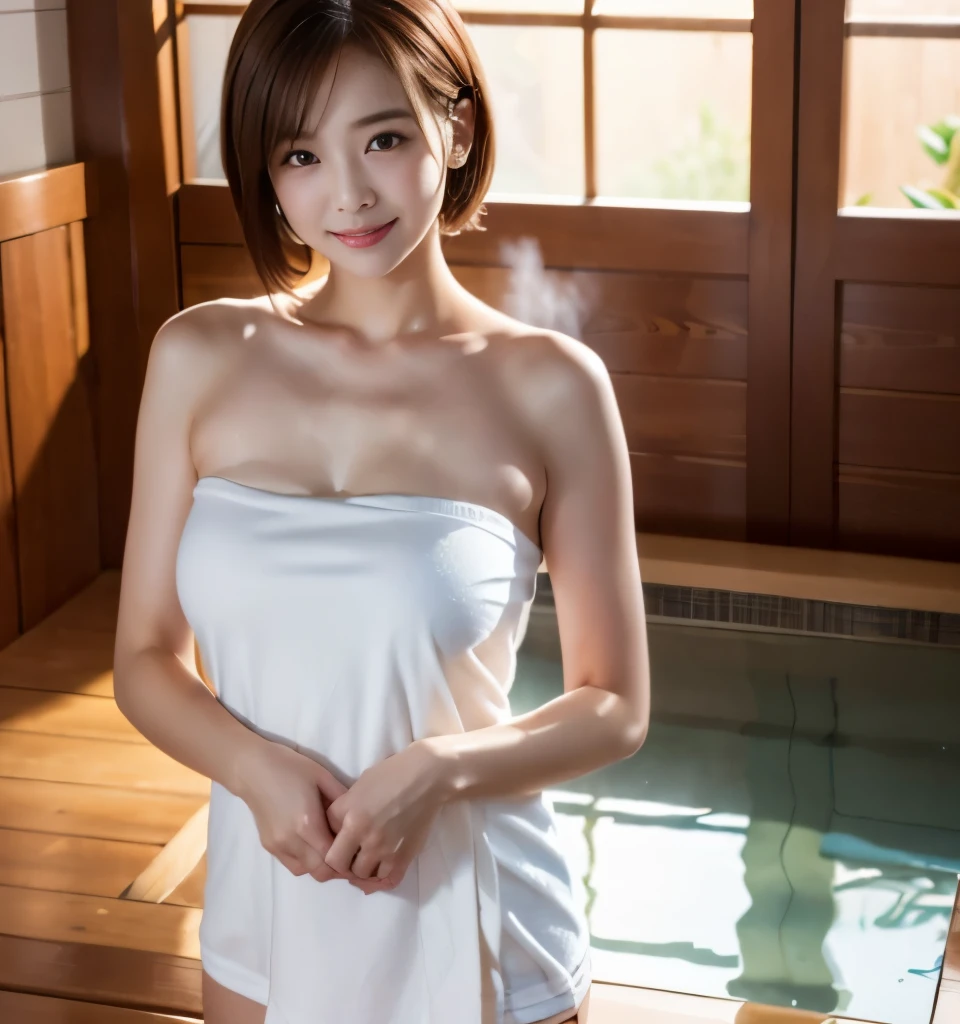 highest quality、8k、Ultra-high resolution、Clear photos、Professional Lighting、pretty girl、Baby Face、Round face、Round eyes、Very short hair、smile、Big Breasts、super slim、Narrow waist、Hot Springs Inn、Standing in an indoor hot spring、Wrap a bath towel around your body、Lots of steam、Warm Light