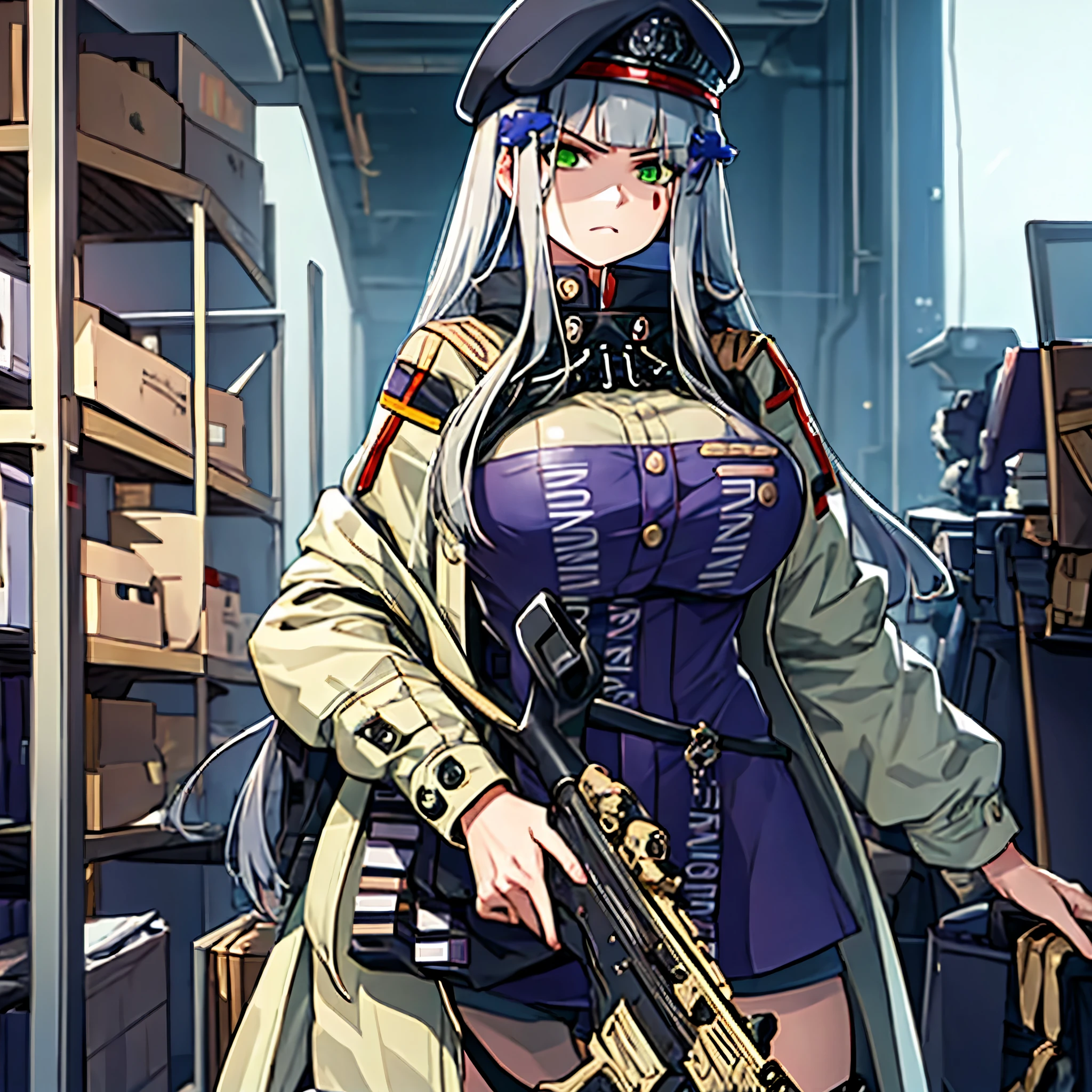 A woman wearing military clothing, military hat, silver hair, green eyes, holding an assault rifle, in a warehouse, with lighting, serious face, large breasts,HDR, ultra resolution, well defined, masterpiece, 8K HD. (solo woman)
