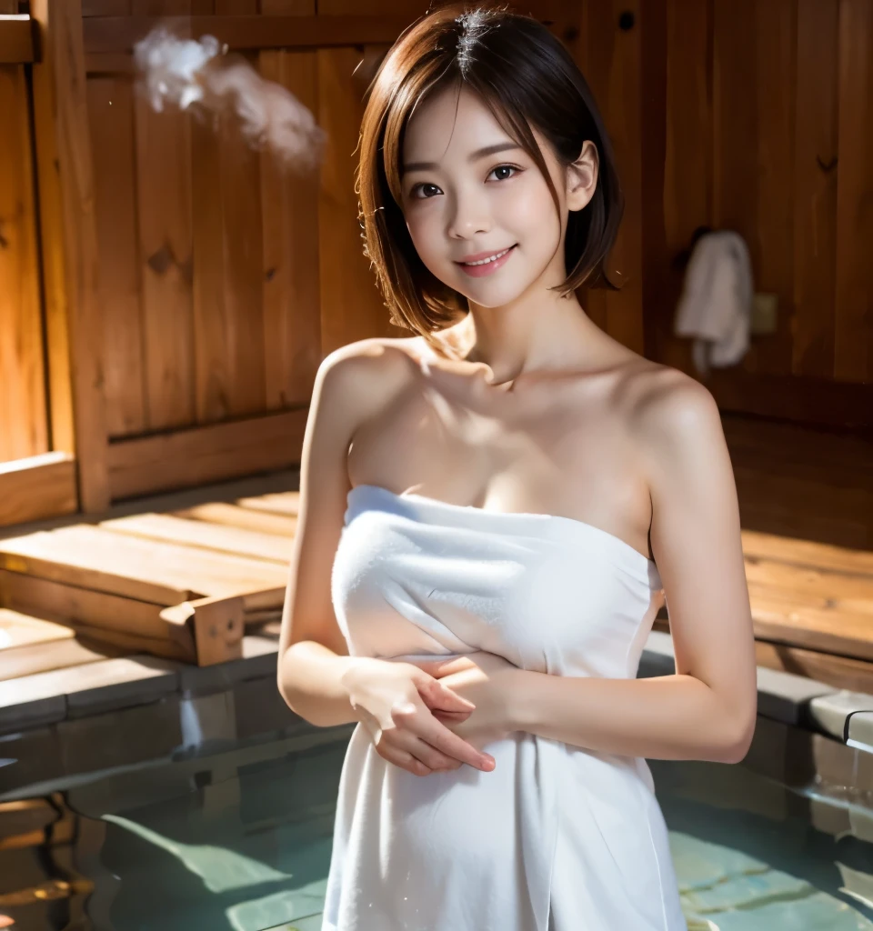 highest quality、8k、Ultra-high resolution、Clear photos、Professional Lighting、pretty girl、Baby Face、Round face、Round eyes、Very short hair、smile、Big Breasts、super slim、Narrow waist、Hot Springs Inn、Standing in an indoor hot spring、Wrap a bath towel around your body、Lots of steam、Warm Light