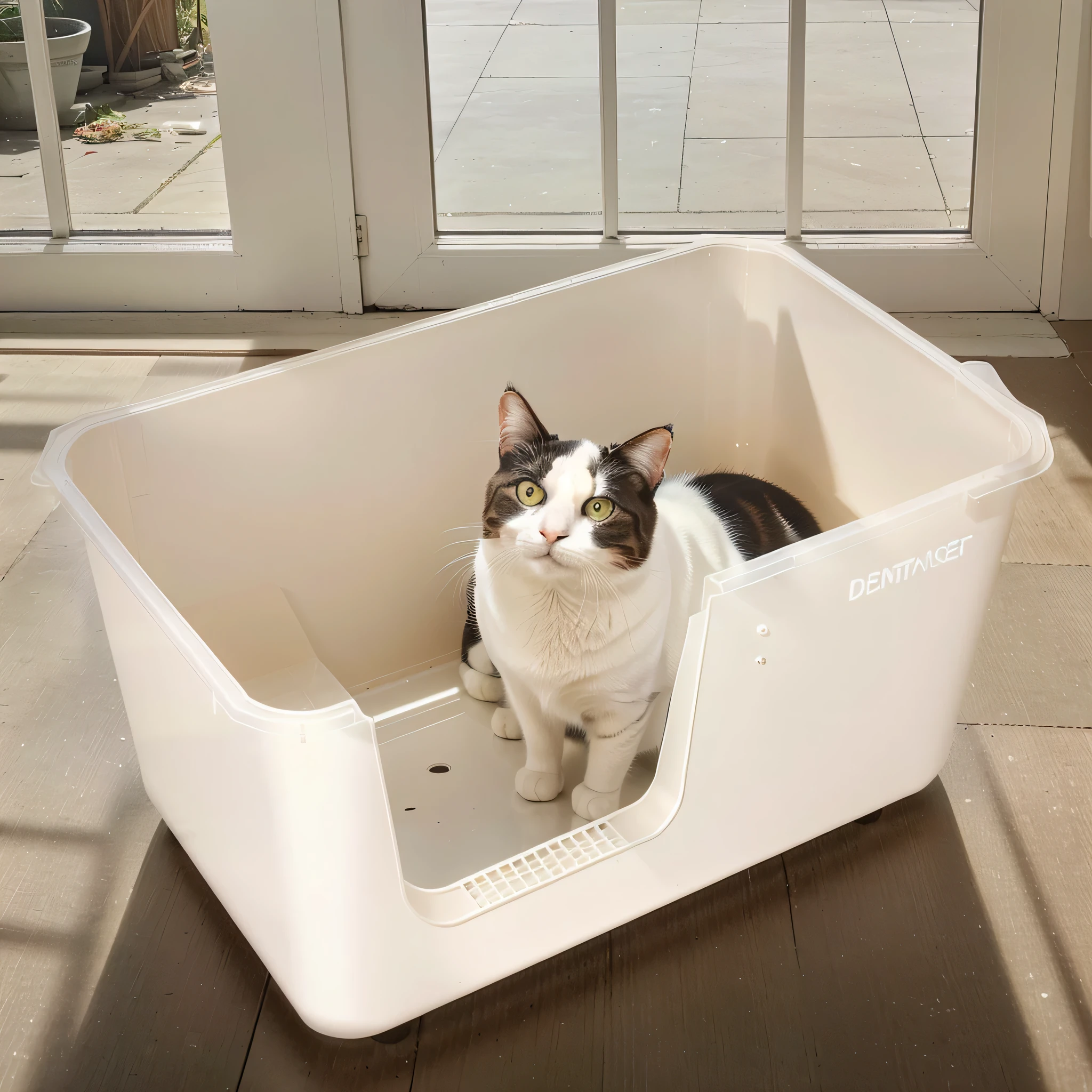 there is a Cat sitting in a plastic container on the floor, big ，A cat in a beige cat litter box，Natural light and shadow，Ultra-realistic scene map，Cat, Box, Handsome, domestic, A big one, !!!! Cat!!!!, [ Realistic photos ]!!, High quality pictures, Full length view. Beige plastic, Official product photos, Denoised, Cat, Spacious, Short and fat, high resolution, , 