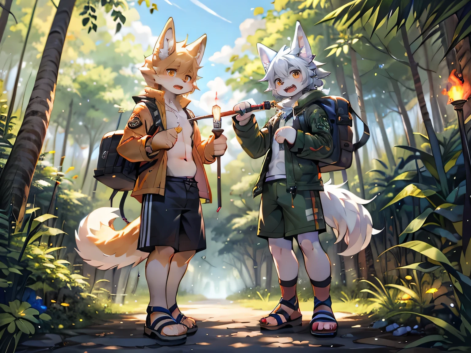 White wolf boy in adventure，Older brother and younger brother，Smooth belly，Orange pupils，excited，Rainforest，，Grass，Shade，dark，Fruit，sandals，White stockings，Army green shorts and jacket，saber，Backpack，torch，Two wolf boys adventure side by side，