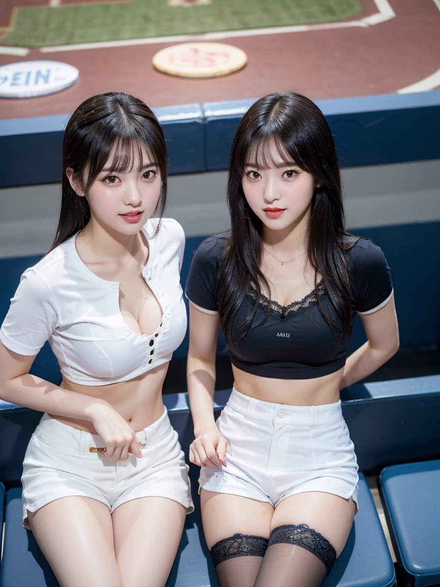 8K), (highest quality: 1.2), (Realistic), (Realistic: 1.37), Ultra-high resolution, (2 girls),(straight black hair), Giant Dulcefo,(White very small hot pants:1.2),In the seats at the baseball stadium,smile, whole body,Long legs,Beautiful feet,(Super small ass),gravure,Belly button,(Blue baseball team shirt),(whole bodyが雨に濡れて:1.2),stockings,Cute like a super idol,Close up on face from above,A little cleavage