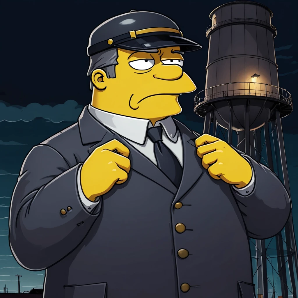 illustrate hand drawn (Simpsons style reference), Inspector Wiggum, dark crime , two detectives standing at the base of a massive water tower, dusk, detective, cinematic poster, wordless, hand drawn, expressive realism,