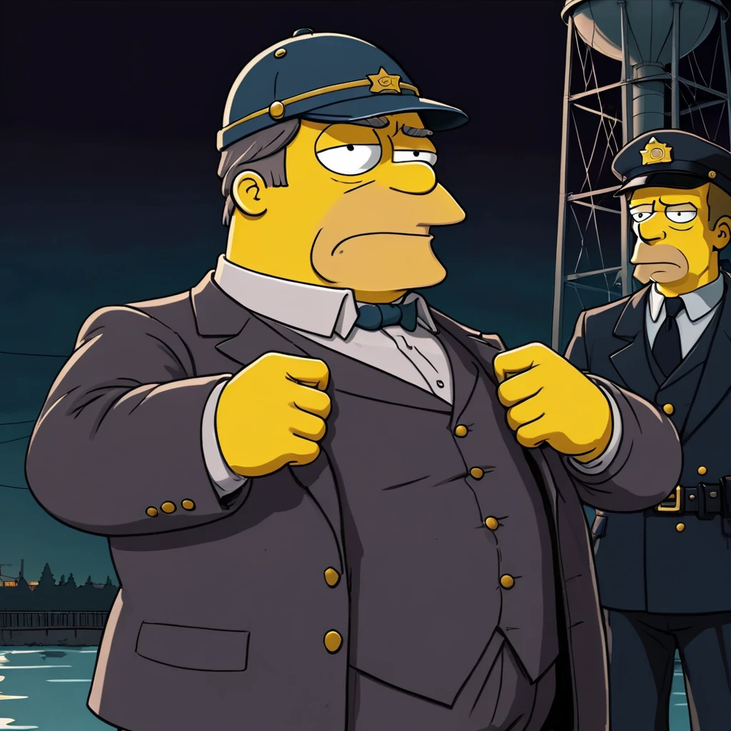 illustrate hand drawn (Simpsons style reference), Inspector Wiggum, dark crime noir, two detectives standing at the base of a massive water tower, dusk, detective, cinematic poster, wordless, hand drawn, expressive realism,