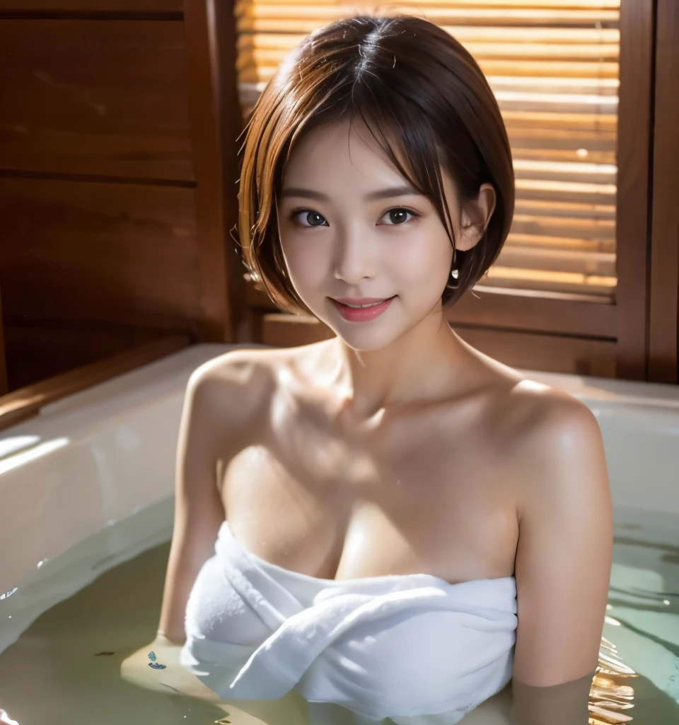 highest quality、8k、Ultra-high resolution、Clear photos、Professional Lighting、pretty girl、Baby Face、Round face、Round eyes、Very short hair、smile、Big Breasts、super slim、Narrow waist、Hot Springs Inn、Standing in an indoor hot spring、Wrap a bath towel around your body、Lots of steam、Warm Light