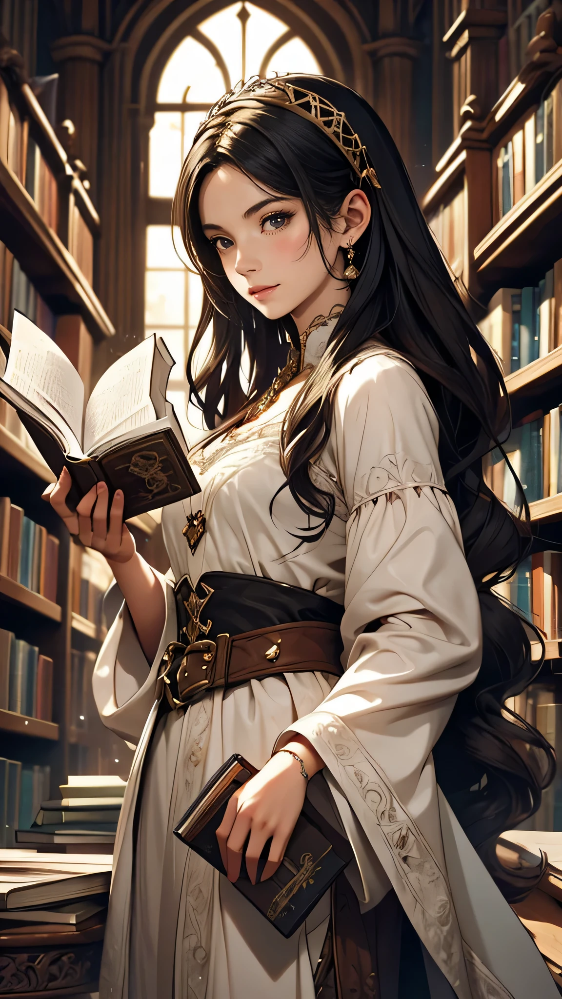 A whimsical illustration inspired by the Baroque era, featuring a girl with long, flowing black hair The girl, looking for a book on the library shelf, medieval fantasy theme