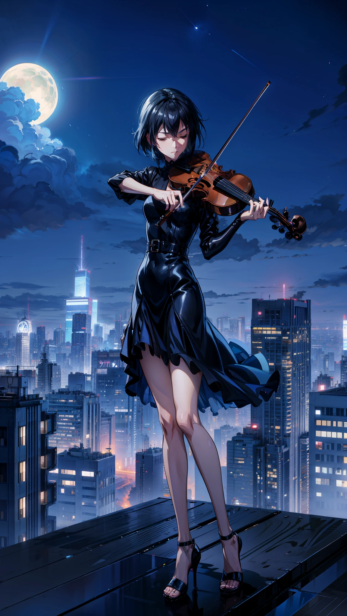 a woman in a black dress playing a violin over the top of building, eyes closed, night, blue cloudy sky, neon colors, city, neon city, cgsociety 9, anime style, anime movie, octane render. by makoto shinkai, standing on top of a violin, fantasy violin, violin, symphony, makoto shinkai and (cain kuga), makoto shinkai and artgerm, louvre contest winner, cgsociety - w 1 0 2 4 - n 8 - i