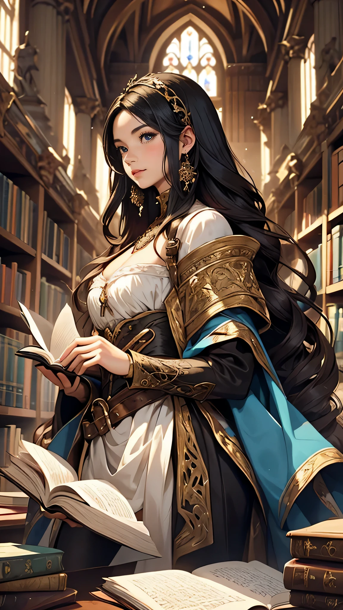 A whimsical illustration inspired by the Baroque era, featuring a girl with long, flowing black hair The girl, looking for a book on the library shelf, medieval fantasy theme