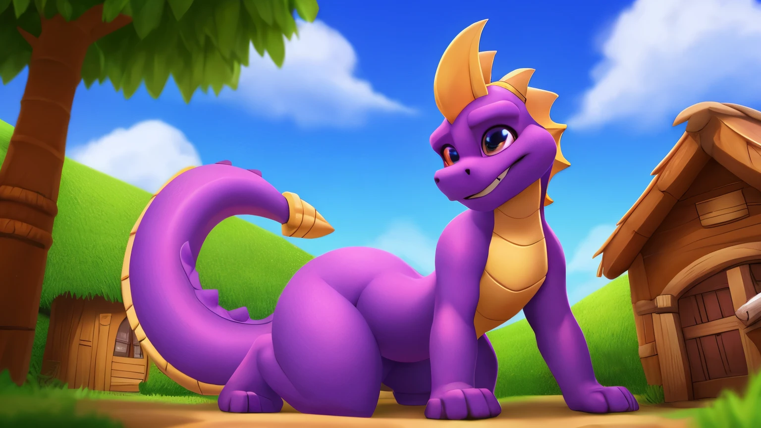 Spyro, Feral, ((thick tail bottom)), female, wide hips, Best quality, macro, on a village