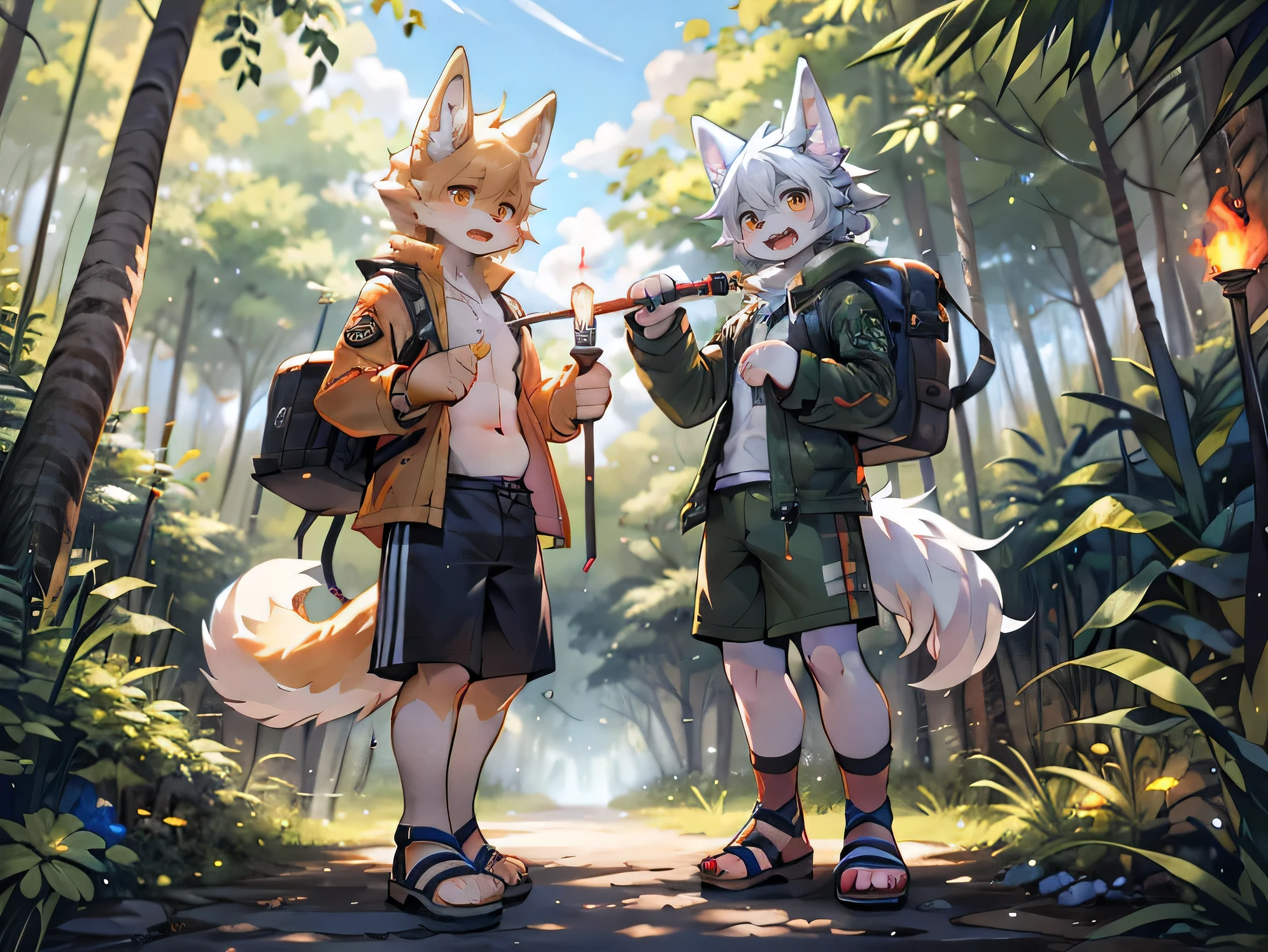 White wolf boy in adventure,Older brother and younger brother,Smooth belly,Orange pupils,excited,Rainforest,,Grass,Shade,dark,Fruit,sandals,White stockings,Army green shorts and jacket,saber,Backpack,torch,Two wolf boys adventure side by side,