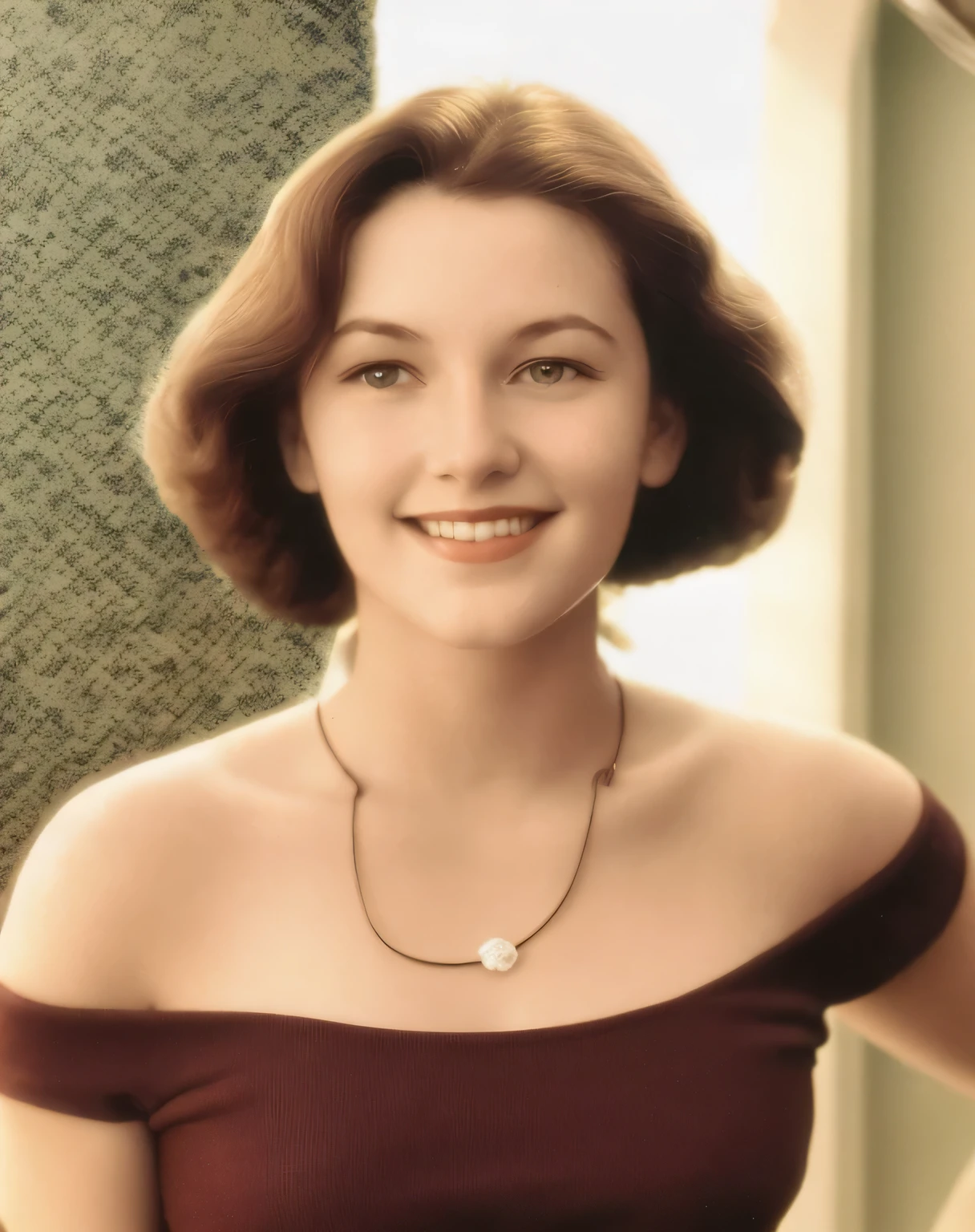 arafed photo of a woman with a smile on her face, dolores abernathy, color studio portrait, in her early 20s, old color photograph, a colorized photo, in her early 3 0, photo of a woman, smile 1950s, inspired by Gladys Kathleen Bell, colorized background, colorized photo, realistic old photo