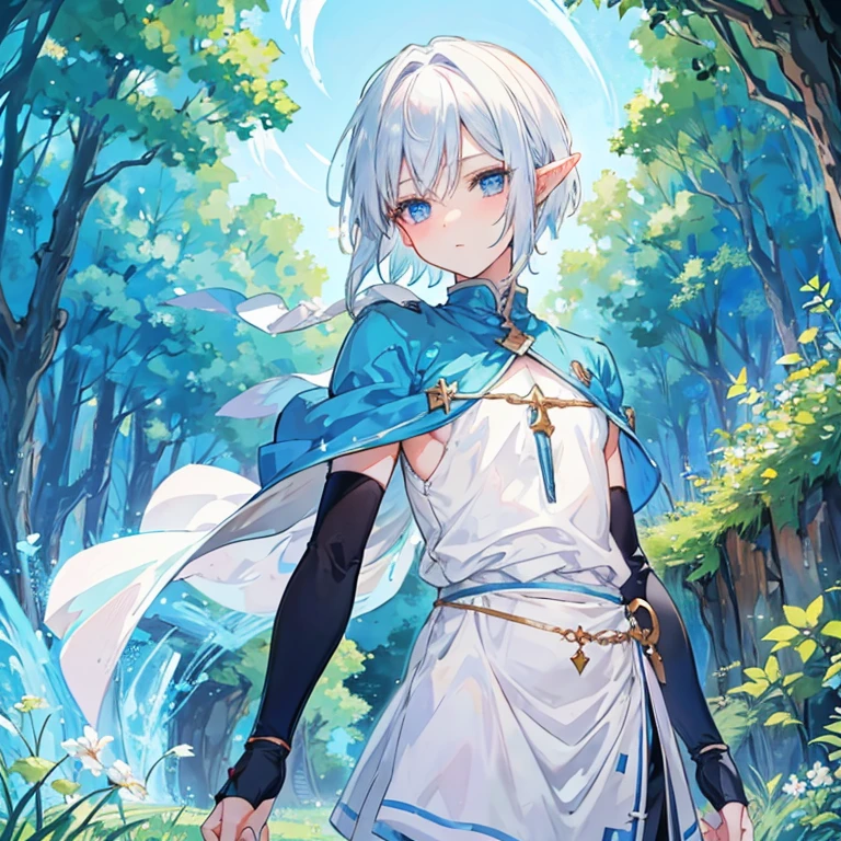 Anime Elf boy with short white hair, blue eyes, cute, gorgeous, magical, beautiful, nature background 