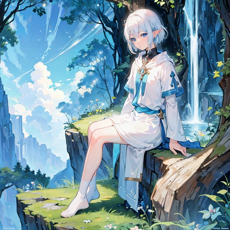 Anime Elf boy with short white hair, blue eyes, cute, gorgeous, magical, beautiful, nature background