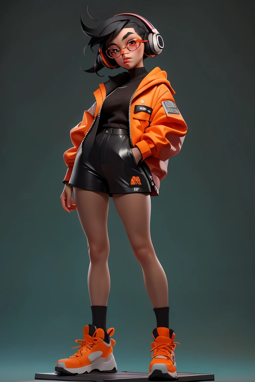 ((Better Quality)), ((masterpiece)), ((Realist)) Detailed photo of nerdy girl wearing neon headphones. whole body. she has ((Black Hair)), is wearing an orange techwear jacket, And create an atmosphere ((beautifully、aesthetic)) .
