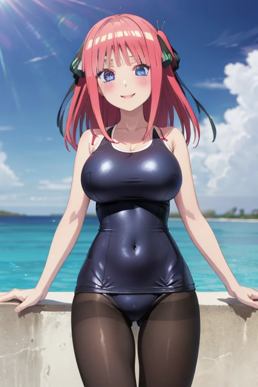 best quality, ultra-detailed masterpiece, anime art style, cute characters, nino nakano, one-piece swimsuit, large breasts, pantyhose, blush, smile