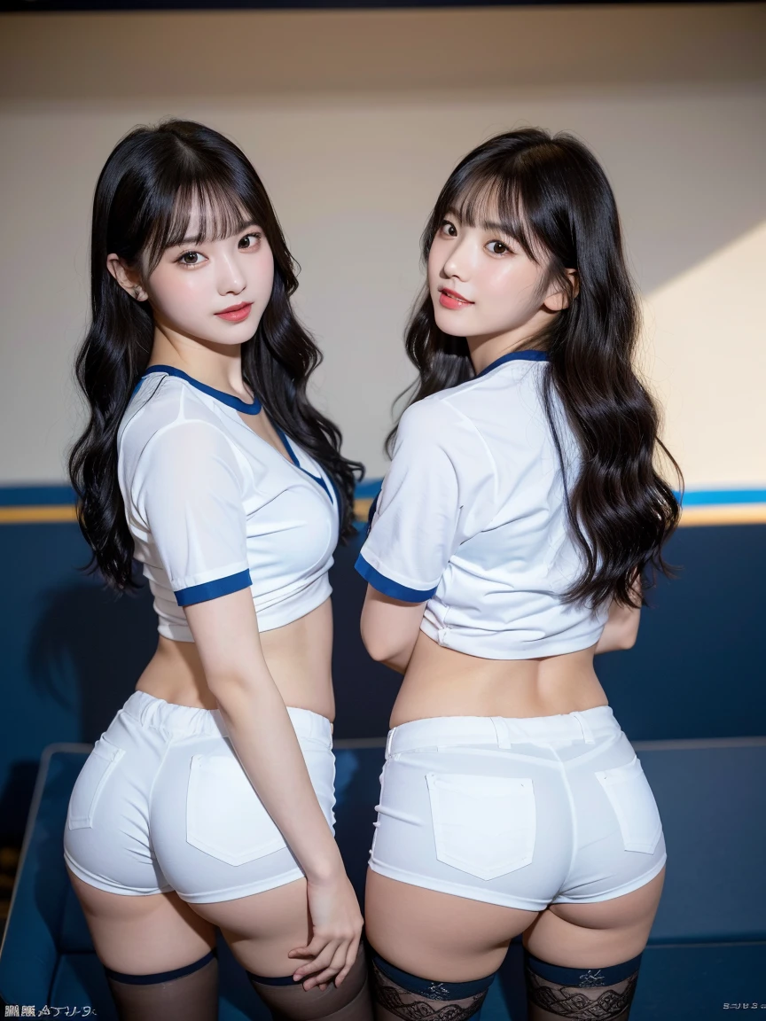 8K), (highest quality: 1.2), (Realistic), (Realistic: 1.37), Ultra-high resolution, (2 girls),(straight black hair), Giant Dulcefo,(White very small hot pants:1.2),In the seats at the baseball stadium,smile, whole body,Long legs,Beautiful feet,(Super small ass),gravure,Belly button,(Blue baseball team shirt),(whole bodyが雨に濡れて:1.2),Black Stockings,Cute like a super idol,Close up on face from above,A little cleavage