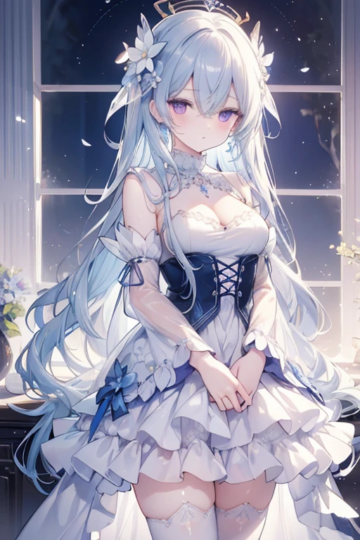 (Masterpiece, Best Quality: 1.4), Detailed Background, White Crystal, Crystal Cluster, Long Hair, Jewelry, Earrings, Necklace, Crown, Bride, White Hair, Halo, (Overlook), Dynamic Angle, Ultra Detailed, Illustration, Close Up, Direct Look, 1girl, (Fantasy: 1.4), (Purple Eyes: 1.233), Her Eyes Shine Like Dreamy Stars, (Glow Eyes: 1.233), (Beautiful and Delicate Eyes: 1.1), (Silver Hair: 1.14), (Messy Hair, Very Long Hair, French braids, hair between the eyes, side hair), (+(blue hair flower: 1.14)), (chiffon dress, uniform blue flower pattern)/= (military uniform: 1.24), (split sleeves, wide sleeves), (fingerless gloves), choker, (miko thighhighs), high heeled boots, (expressionless, shut up), (standing), (classical princess boudoir with dresser floor-to-ceiling windows white ancient palace), (white flowers, blooming), (deep sea), (flowing water), (dark blue world tree:1.14),(Ruins),(Night:1.2),dreamy,Soul,(fluorescent),(Flying Translucent Blue Butterfly:1.15),[Delicate Fingers and Hands:0.55]::0.85], (Finger Detail), (Yubao:0.5)