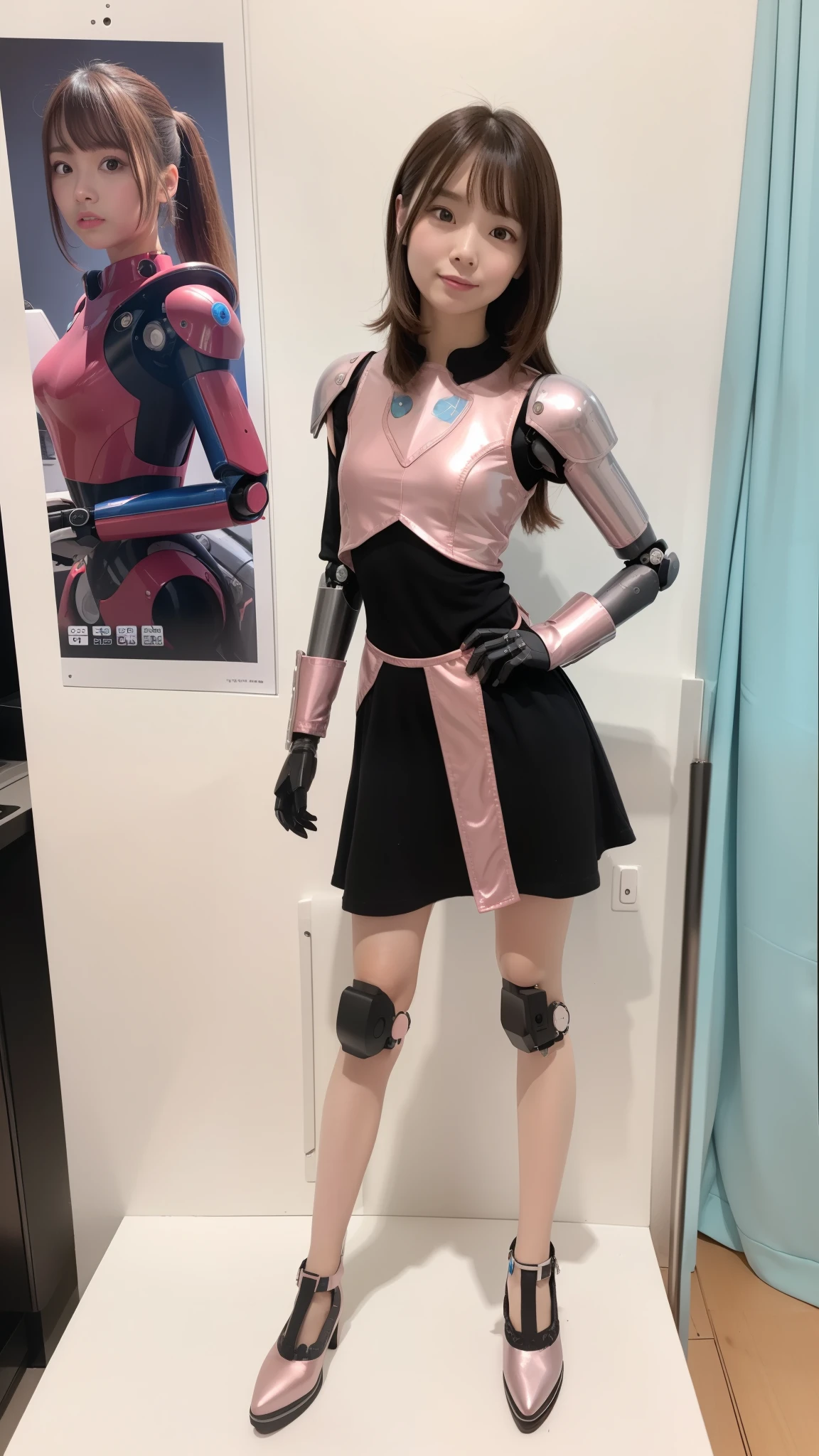 Robot Girl, pink there, Silver, Metallic body, Robot Parts, Metal Parts, Super Detailed Face, Super well-formed face, of the highest quality, a small face, a small head, Brown hair, Slender body, Camera gaze, Internal Mechanical Exposure, Idol, front facing, Well-proportioned body, sale, Exhibited, Event Hall, Moe Pose, pink metallic Lolita dress machine armor, Standing with legs open, Model body type, sad, Embarrassing,(Perfect Robot Girl),(Perfect machine body)