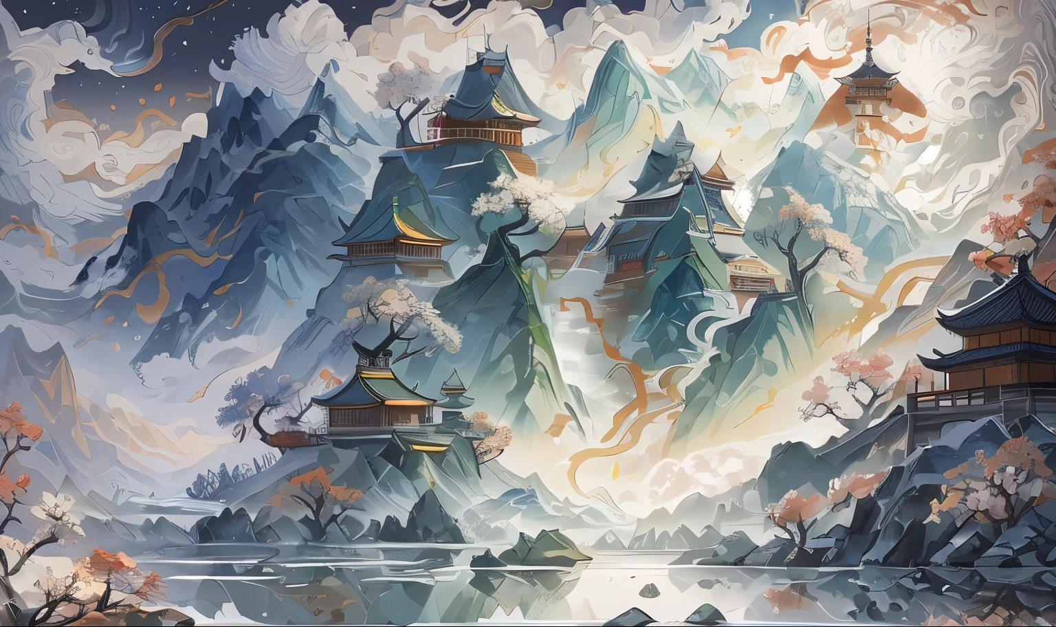 Painting a mountain scene with a river and a pagoda, A beautiful artistic illustration, Highly detailed digital art作品, 4K Fine Digital Art, Highly detailed digital painting, complex numbers, Beautiful digital art work, Landscape Art Detail, Onmyoji detailed art, 4K highly detailed art, Highly detailed digital art, Floating mountains, 4K detail art, Very detailed figures