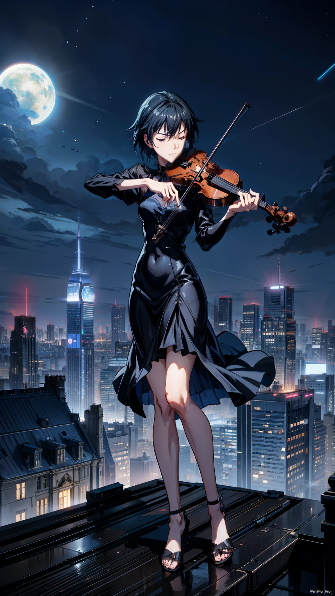 a woman in a black dress playing a violin over the top of building, eyes closed, night, blue cloudy sky, neon colors, city, neon city, cgsociety 9, anime style, anime movie, octane render. by makoto shinkai, standing on top of a violin, fantasy violin, violin, symphony, makoto shinkai and (cain kuga), makoto shinkai and artgerm, louvre contest winner, cgsociety - w 1 0 2 4 - n 8 - i