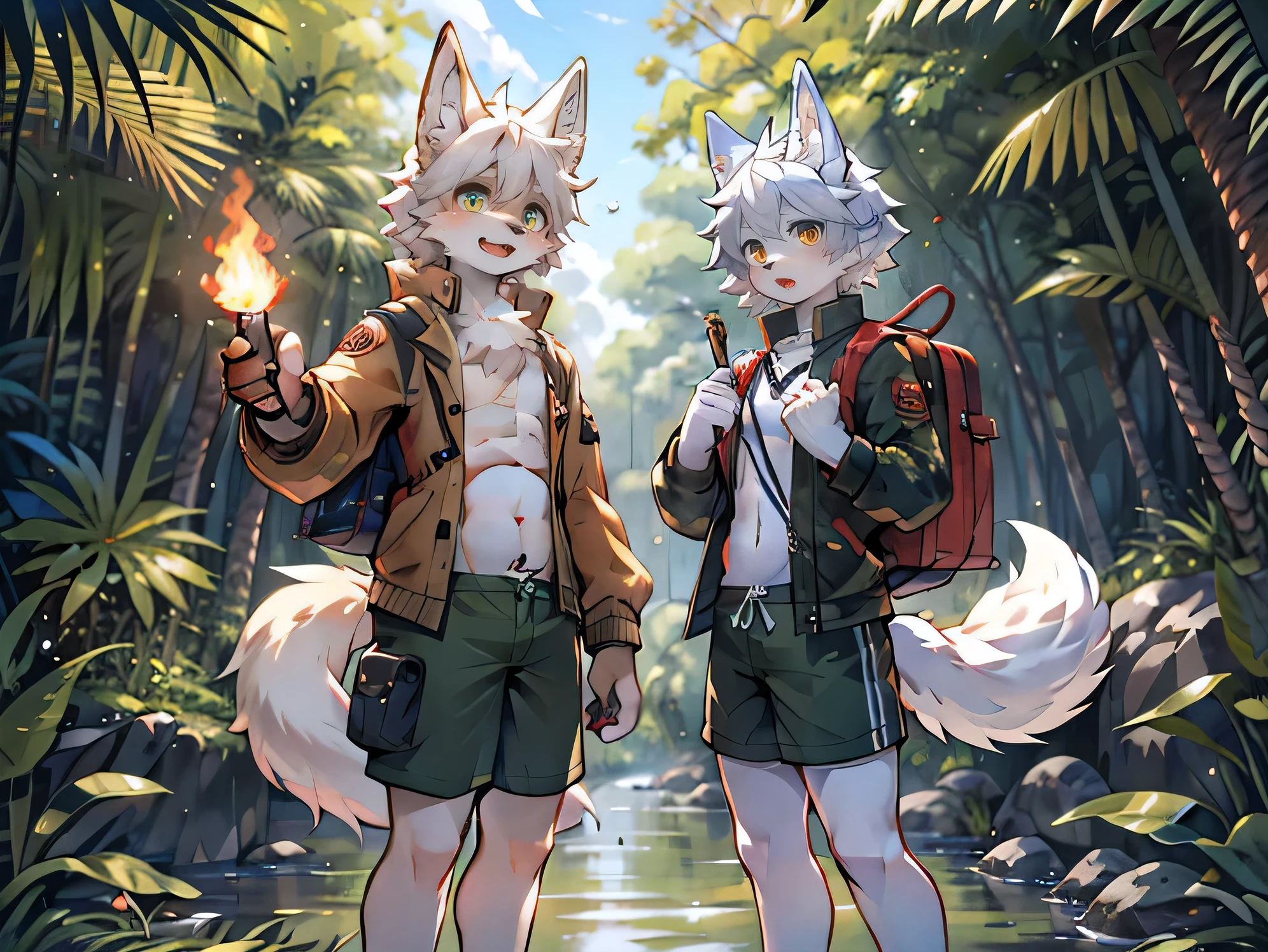 White wolf boy in adventure,Older brother and younger brother,Smooth belly,Orange pupils,excited,Rainforest,creek,Grass,Shade,dark,Fruit,sandals,White stockings,Army green shorts and jacket,saber,Backpack,torch,Two wolf boys adventure side by side,