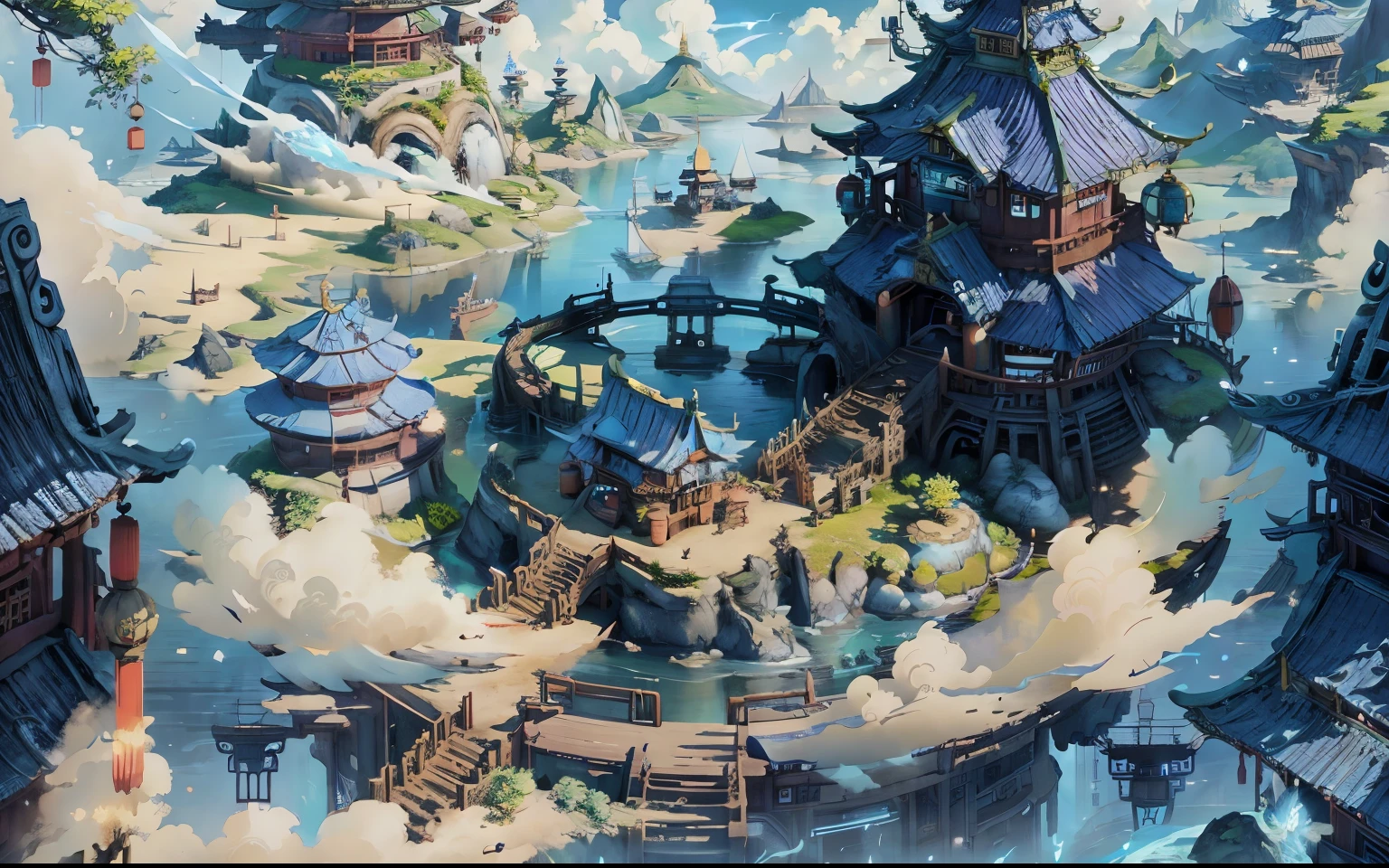 Fairyland, fairy island, skyline, Blue and white tones, Sci-fi style, old Chinese building