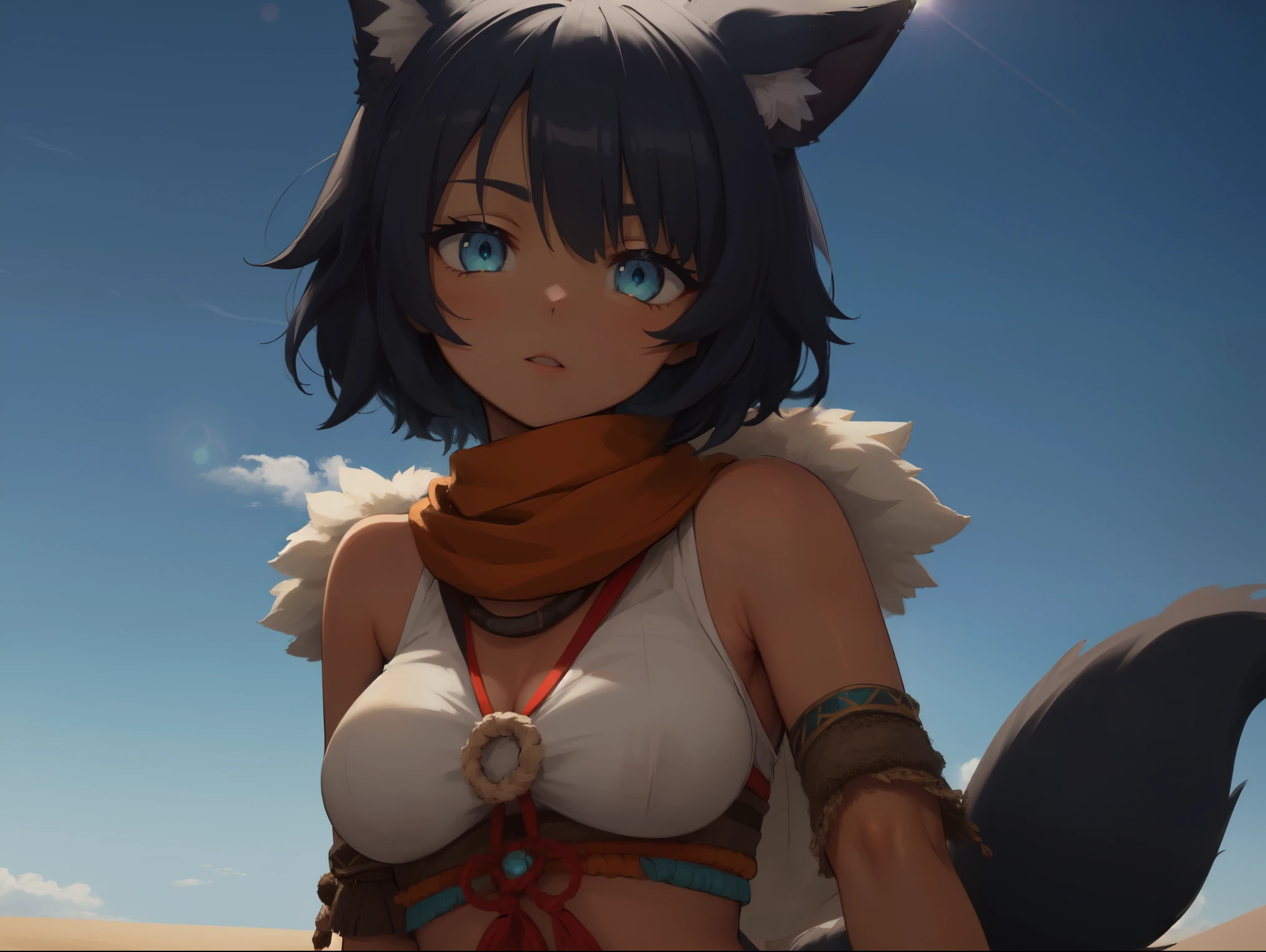 ((human)), female, ((solo)), (tan skin), dark blue hair, short hair, ((fluffy hair)), (cyan eyes), dark blue fox ears, dark blue fox tail, breasts, ((tribal clothing)), short orange scarf, up close, standing, desert, sunny, sun, lens flare, Very good figure, extremely detailed, cinematic lighting, volume lighting, masterpiece, best quality