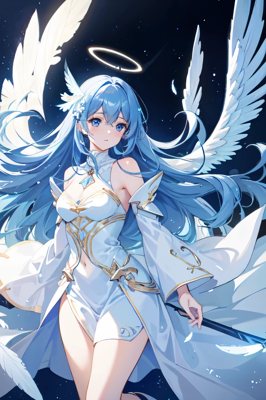 Extremely delicate and beautiful CG illustration, best quality, high resolution, dynamic angle, full-length lens, (1 girl), blue eyes and straight blue long hair, floating, soft light, high-key lighting), angel, 2 pairs of big wings, glowing light, halo, feathers fluttering background, blue crystal