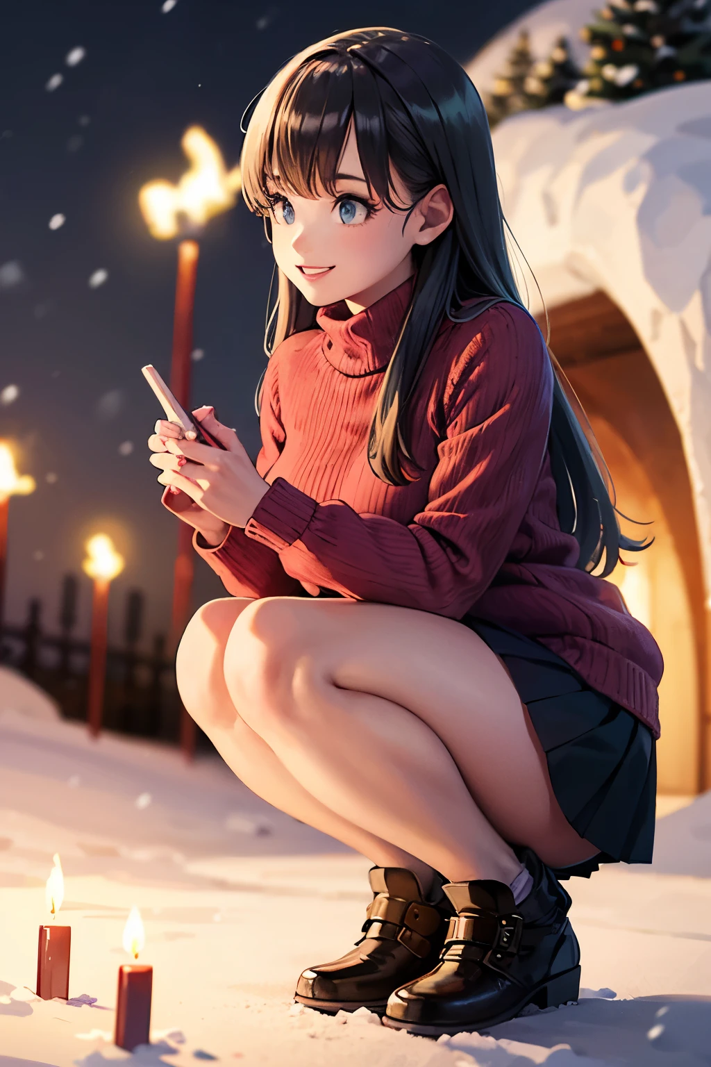 From the front, from below, look here, hundreds of candles are lit in a snow cave in a snowy country, sweater and skirt, fantastic, masterpiece, night, cute girl smiling, squatting