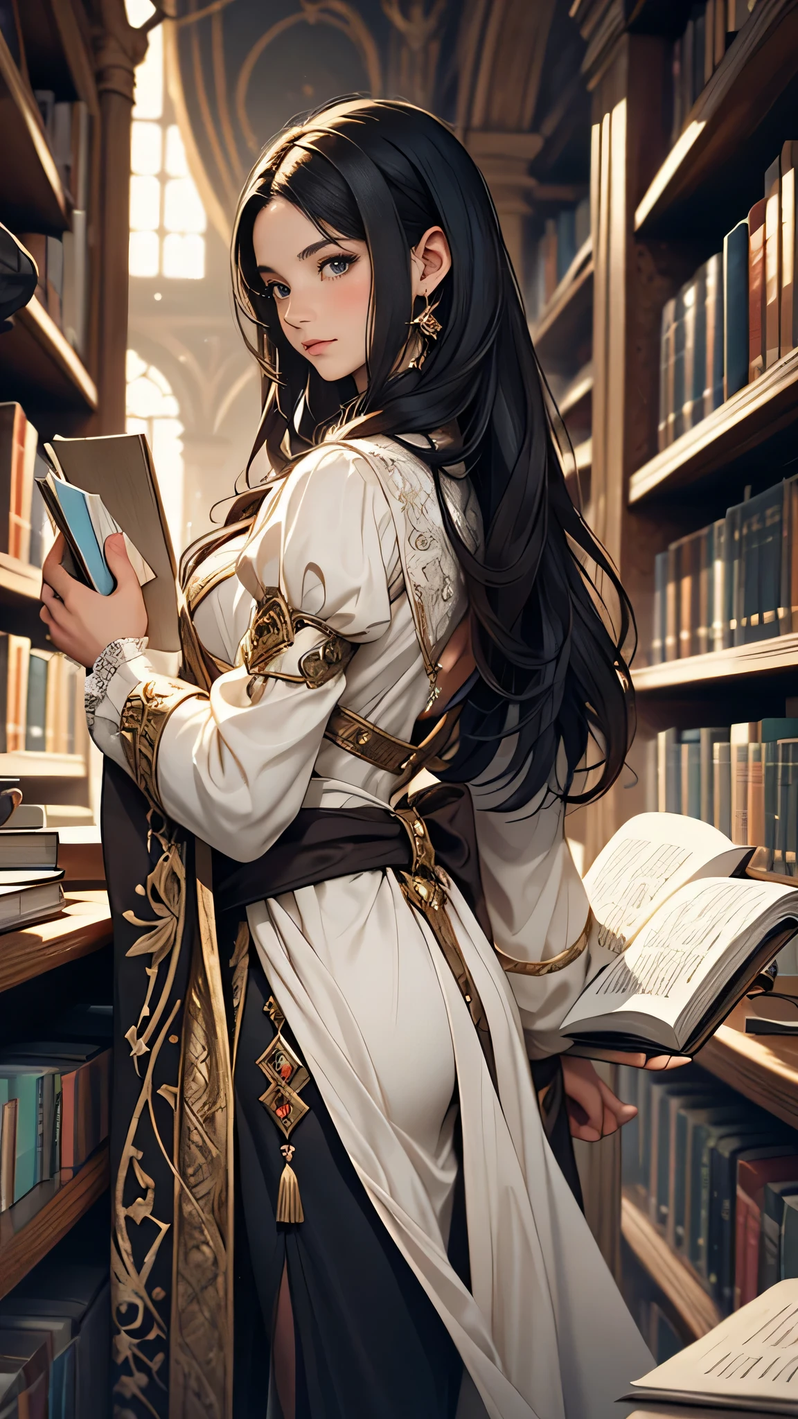 A whimsical illustration inspired by the Baroque era, featuring a girl with long, flowing black hair The girl, looking for a book on the library shelf, medieval fantasy theme, view from backside