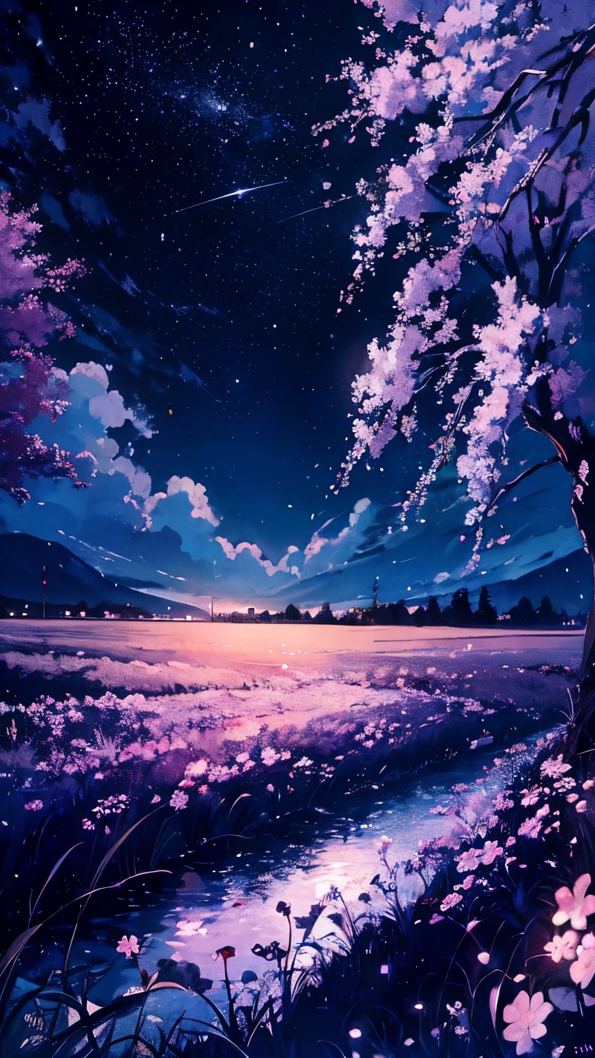 cherry blossoms,grassland,night,milky way,landscape